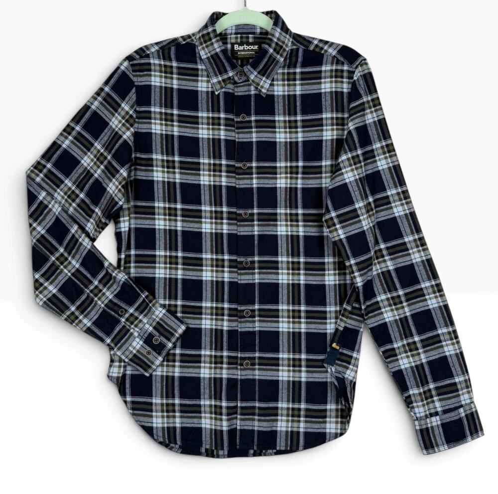 Barbour Slim Fit Cotton Flannel Button Down Shirt Blue Green Plaid Men’s Small